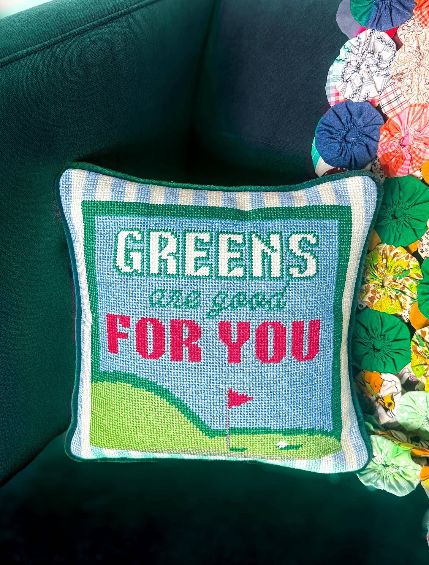 Greens are Good for You Golf Needlepoint Pillow