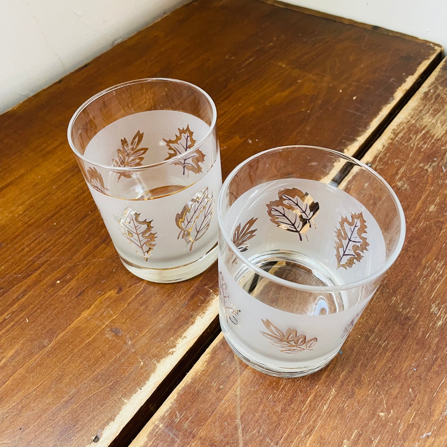 Leaf Etched Lowball Glasses- Set of 2- Vintage