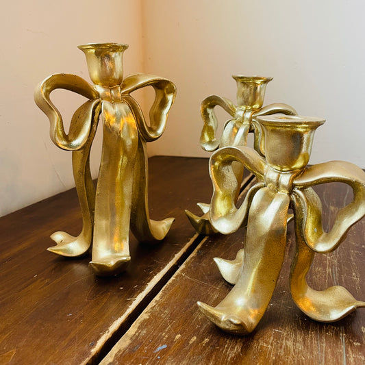 Set of 3 Golden Bow Taper Candle Holders