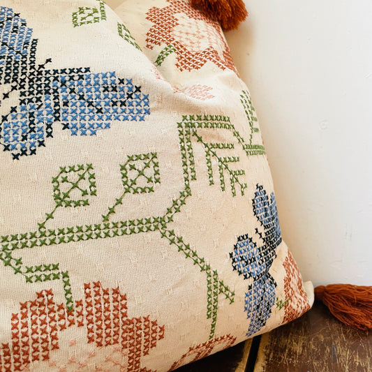 Square Cotton Dobby Cross-Stitch Pillow with Tassels