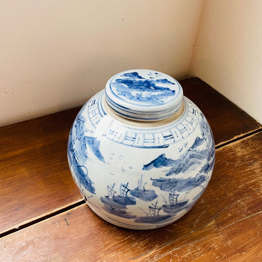 Lidded Blue and White Porcelain Landscape Storage Jar