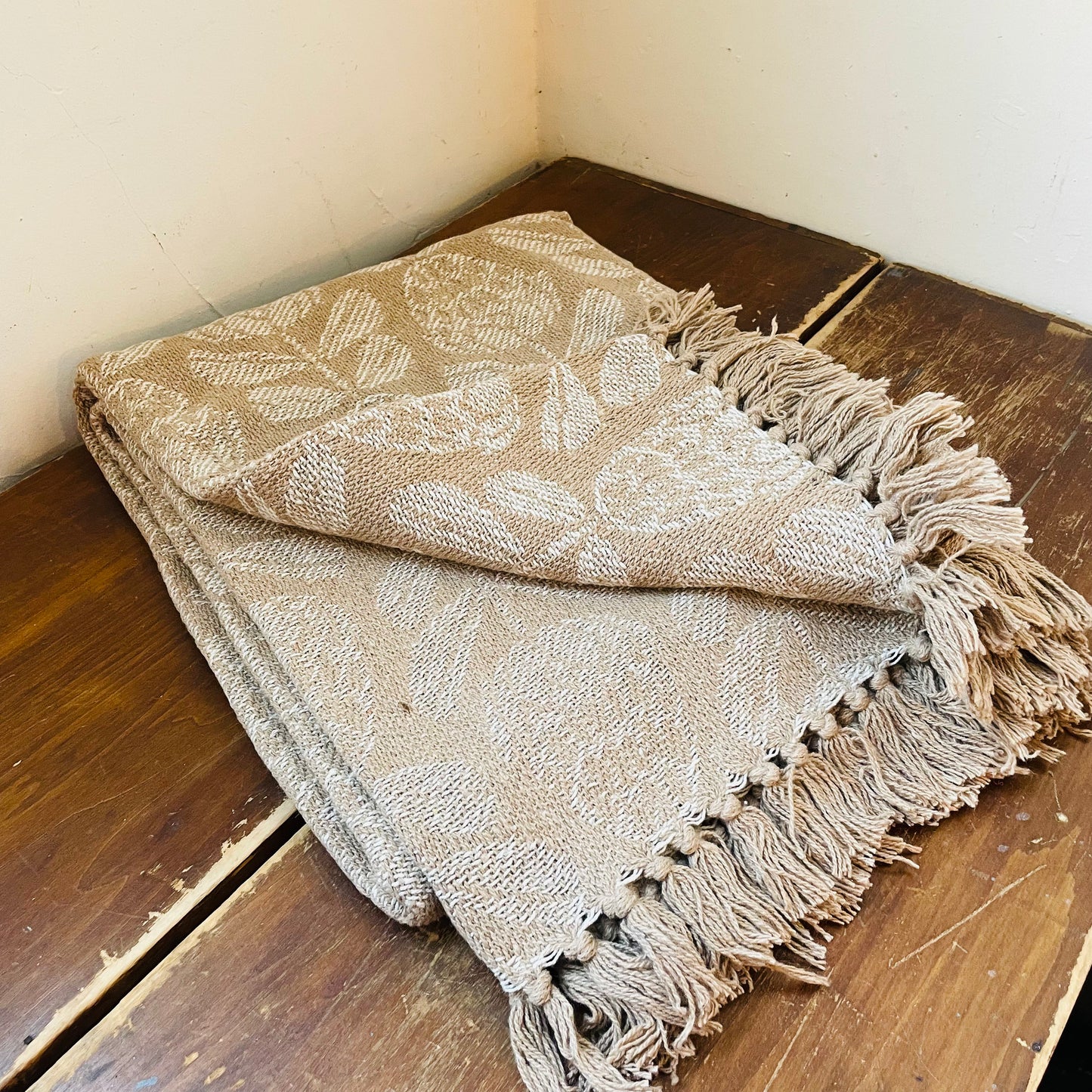 Jacquard Cotton Throw with Floral Pattern & Fringe