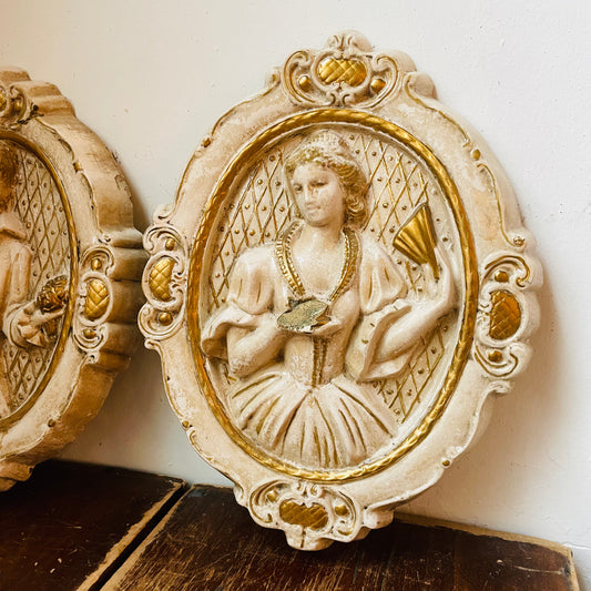 1958 Victorian Couple Chalkware Plaque Set- Vintage