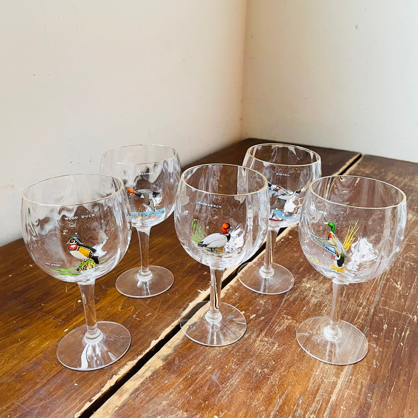 Ned Smith Waterfowl Loop Optic Wine Goblet Set of 5- Vintage