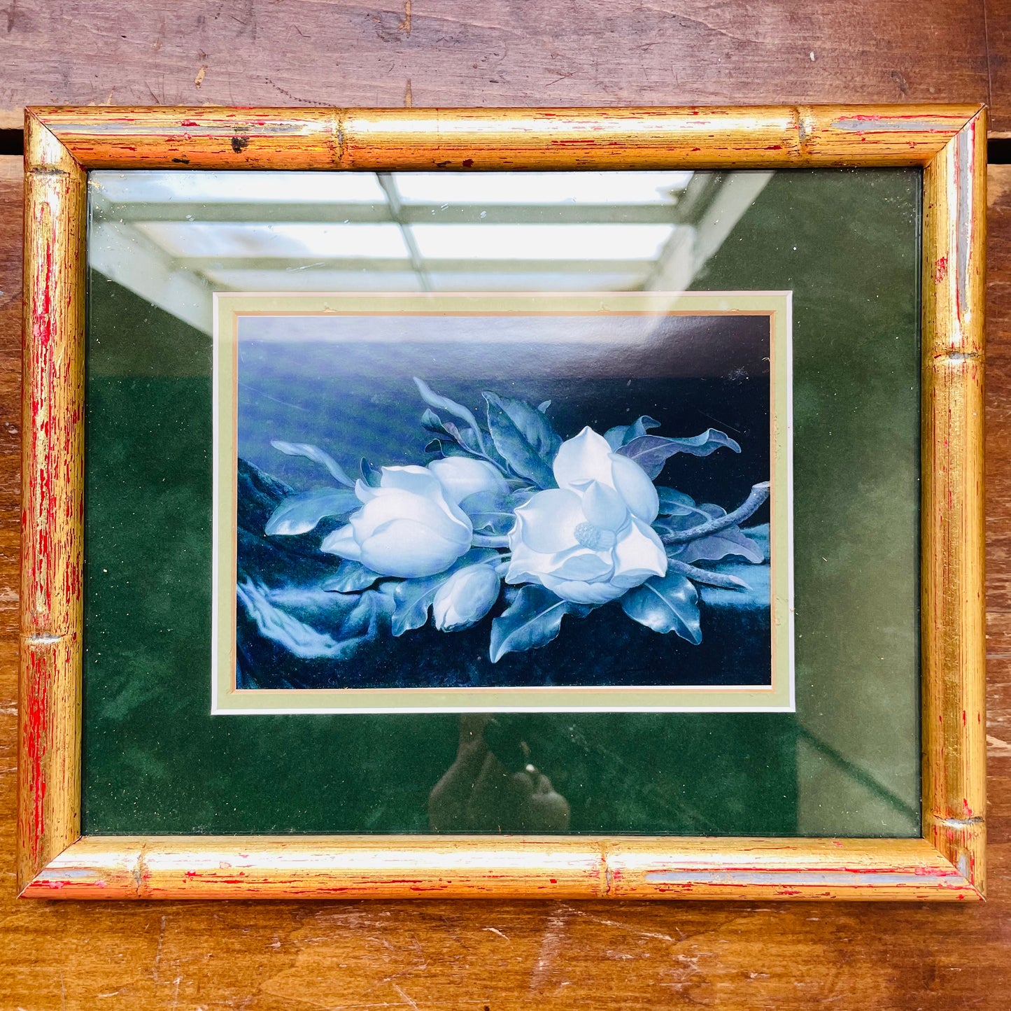 Bamboo Frame with Green Matted Magnolias- Vintage