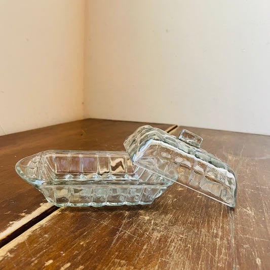 Grid Patterned Pressed Glass Butter Dish