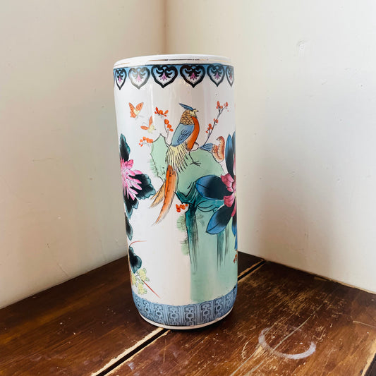 Asian Pheasant & Flower Painted Umbrella Holder- Vintage