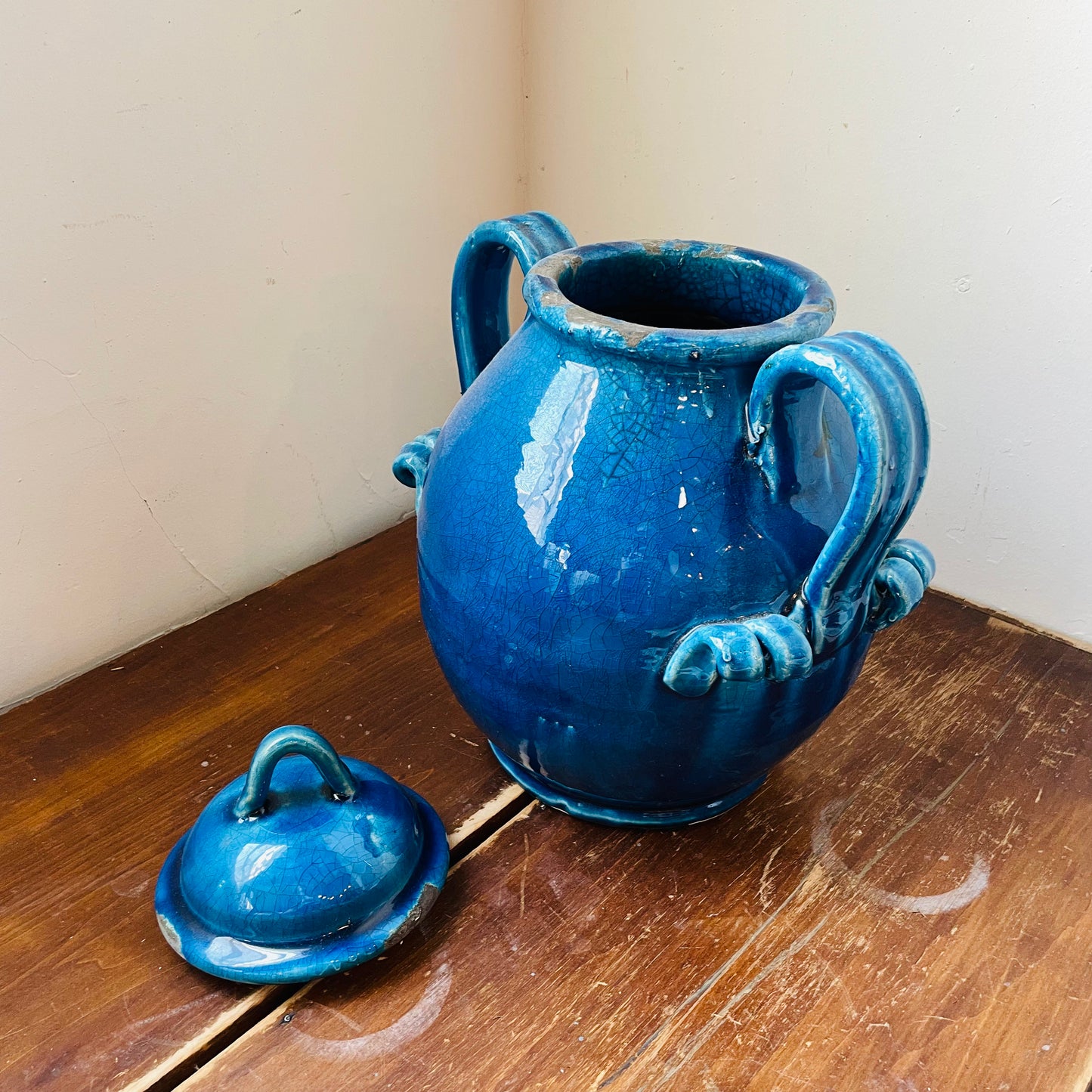 Cyan Glazed Handled & Lidded Urn- Vintage