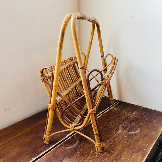 Franco Albini Styled Rattan Bamboo Magazine Rack- Vintage