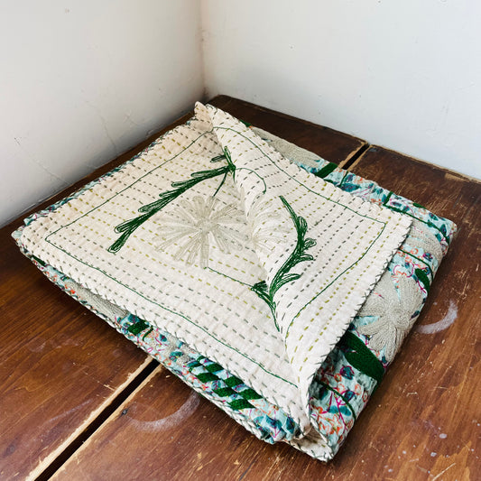 Voile Printed Throw with Suzani Pattern & Hand-Embroidered Kantha Stitch