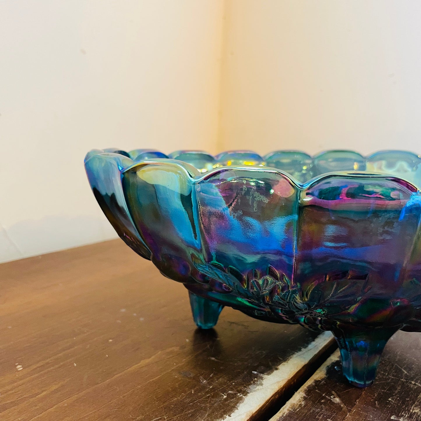 Indiana Blue Carnival Glass Footed Bowl- Vintage