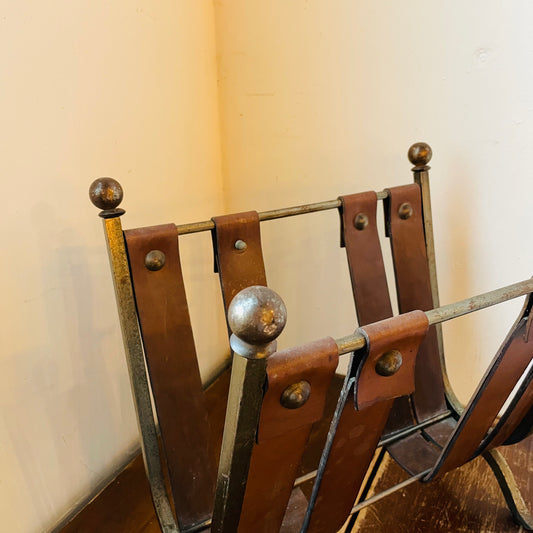 Mid-Century Brutalist Leather & Wrought Iron Magazine Rack- Vintage