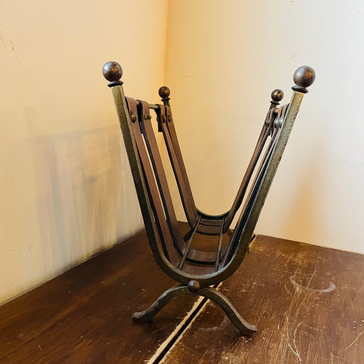 Mid-Century Brutalist Leather & Wrought Iron Magazine Rack- Vintage