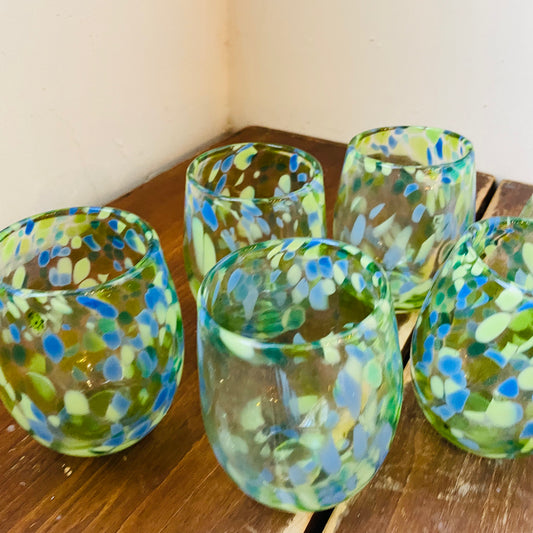 Green & Blue Confetti Stemless Wine Glasses- Set of 6