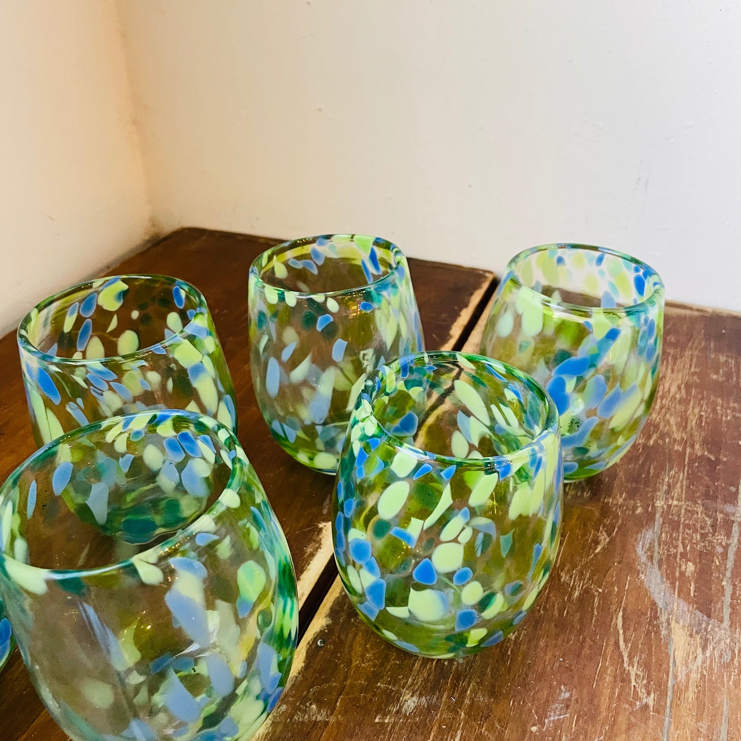Green & Blue Confetti Stemless Wine Glasses- Set of 6