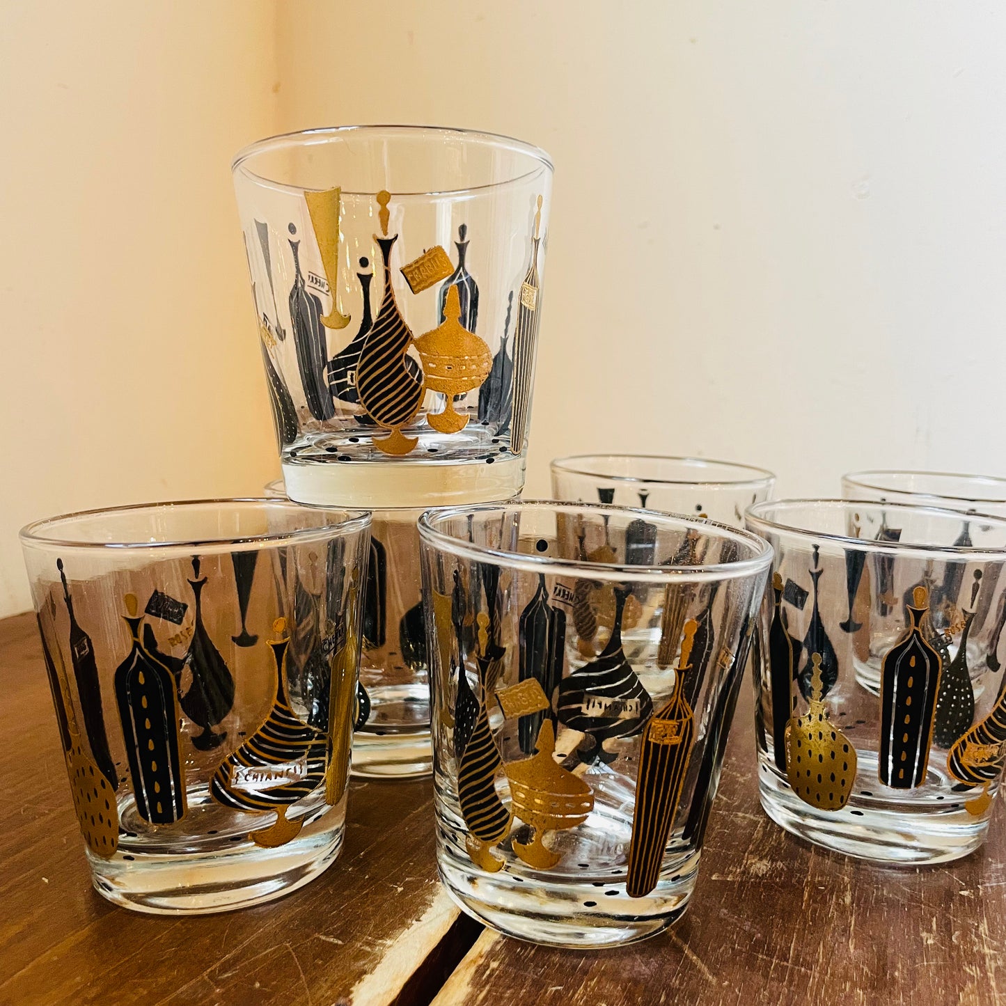 Gold & Black Decanter Lowball Glass Set- Vintage