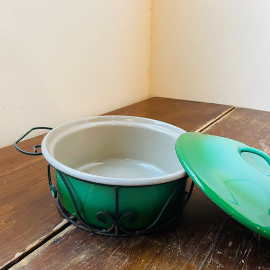 Green Enameled Lidded Pot with Metal Holder - Vintage