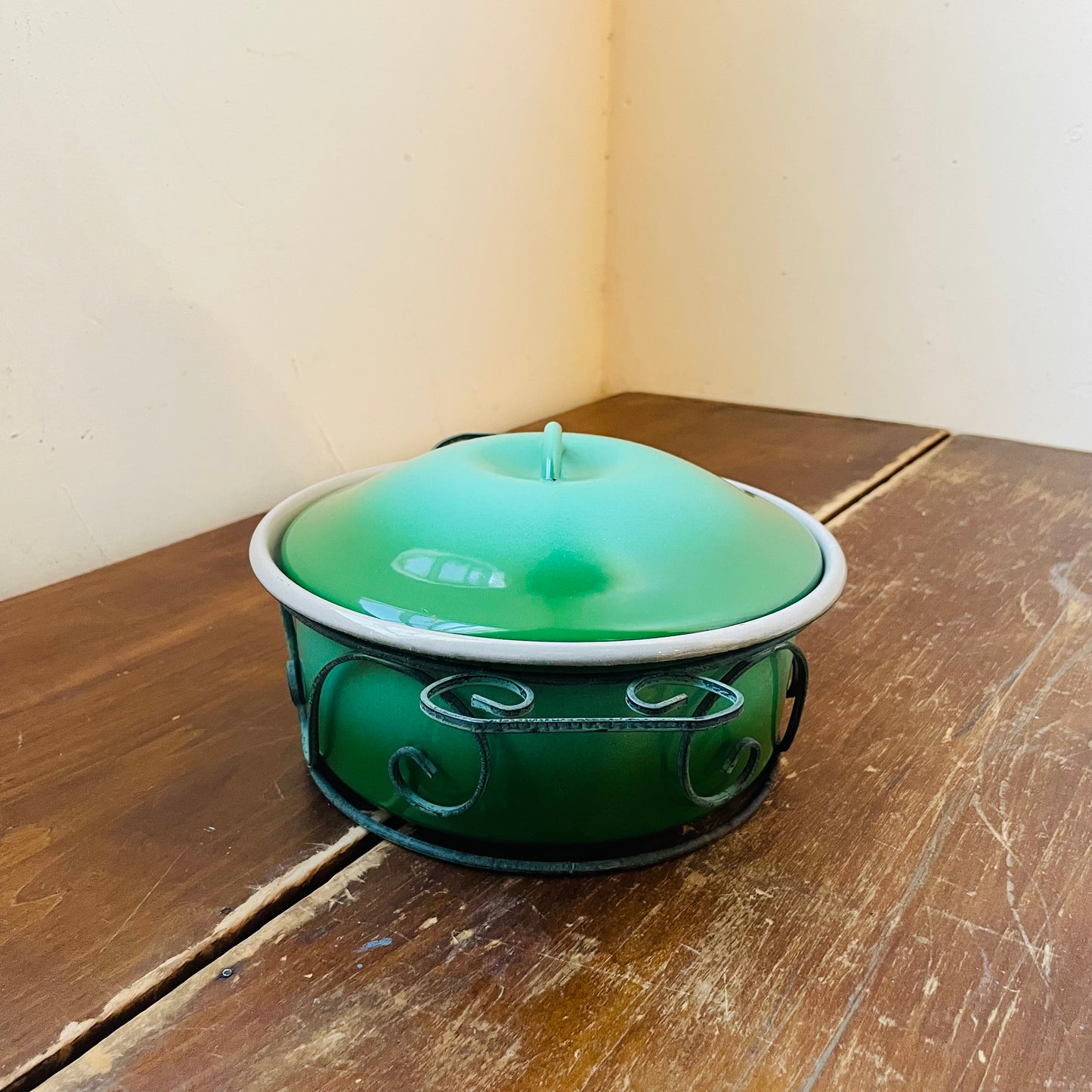 Green Enameled Lidded Pot with Metal Holder - Vintage