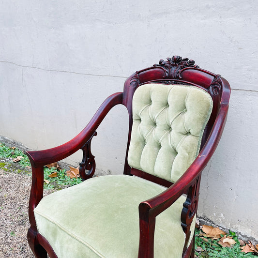 Victorian Mahogany Armchair with Green Velvet- Vintage