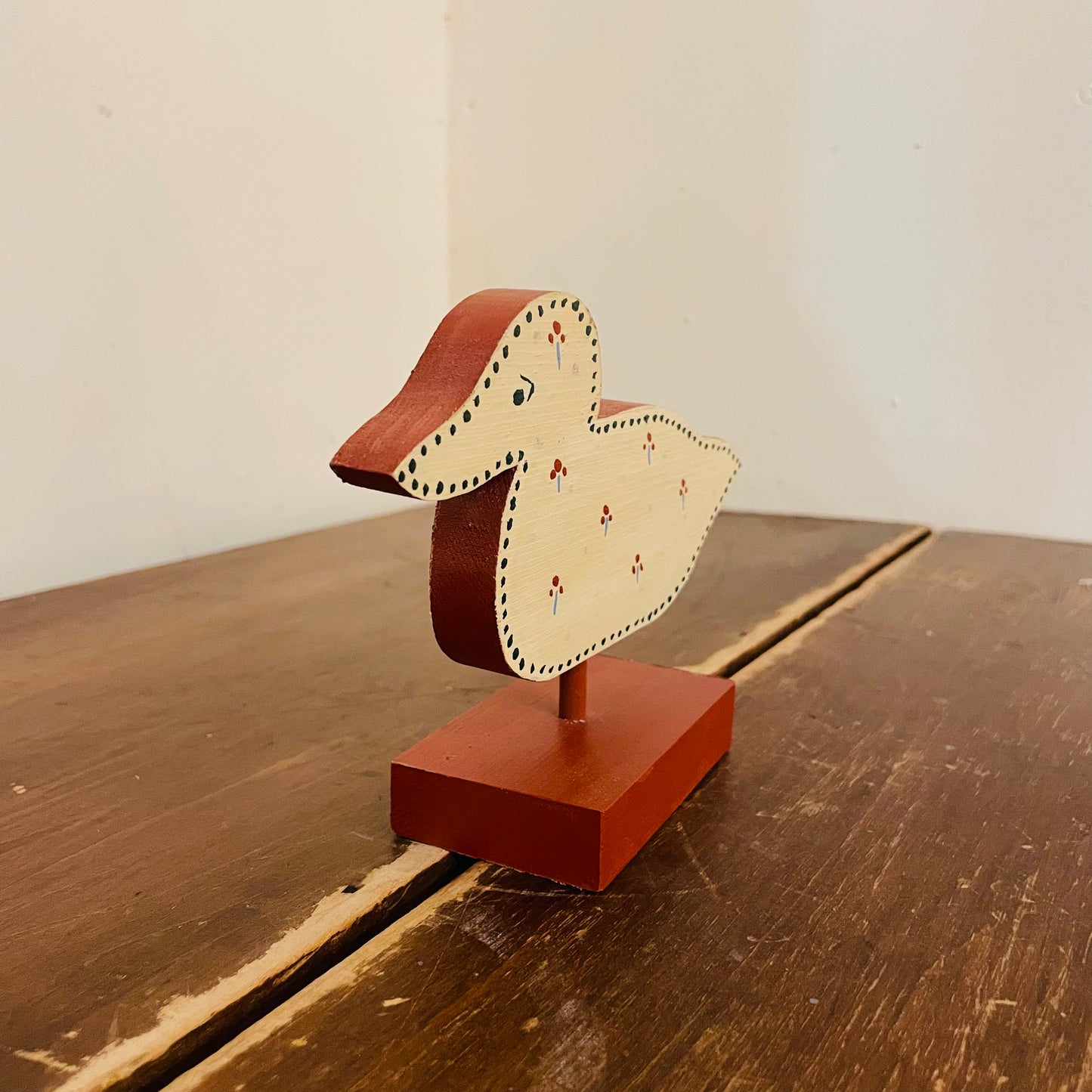 White & Red Ditsy Painted Wooden Duck- Vintage