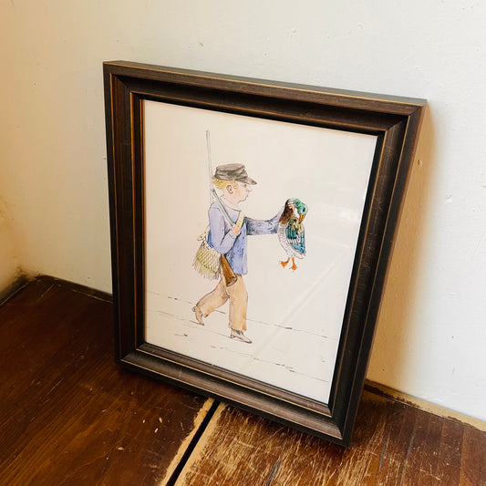Framed Watercolor Sketch of a Duck Hunter