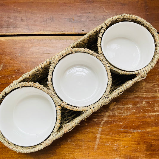Hand-Woven Basket with Ceramic Bowls