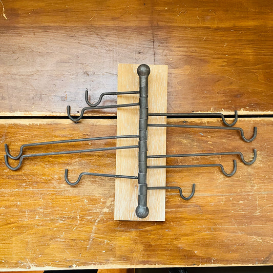 Wood Backed Iron Hook Rack- Vintage