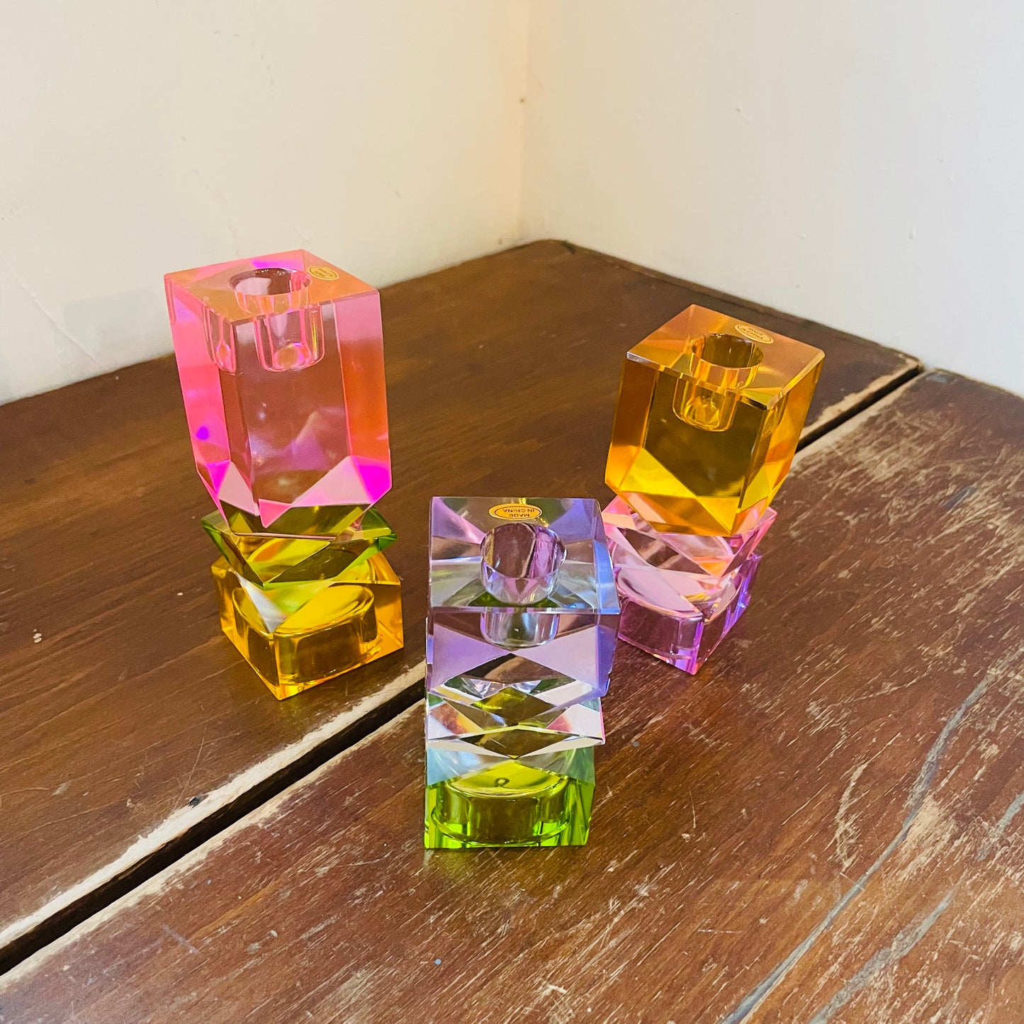 Pastel Square Cut Crystal Candle Holders- Set of 3