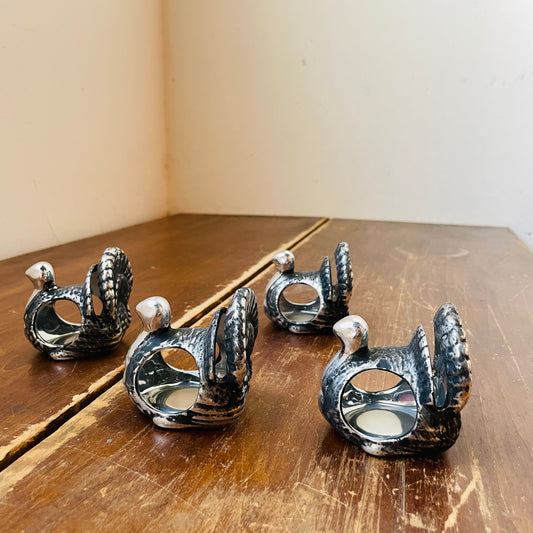 Pewter Turkey Napkin Ring & Card Holder Set of 4- Vintage
