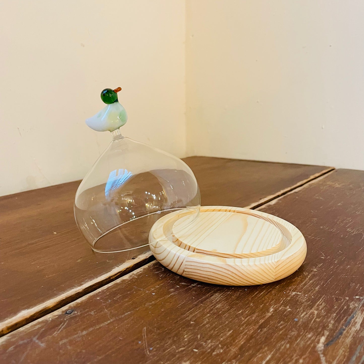 Mallard Duck Finial Cloche with Wood Base