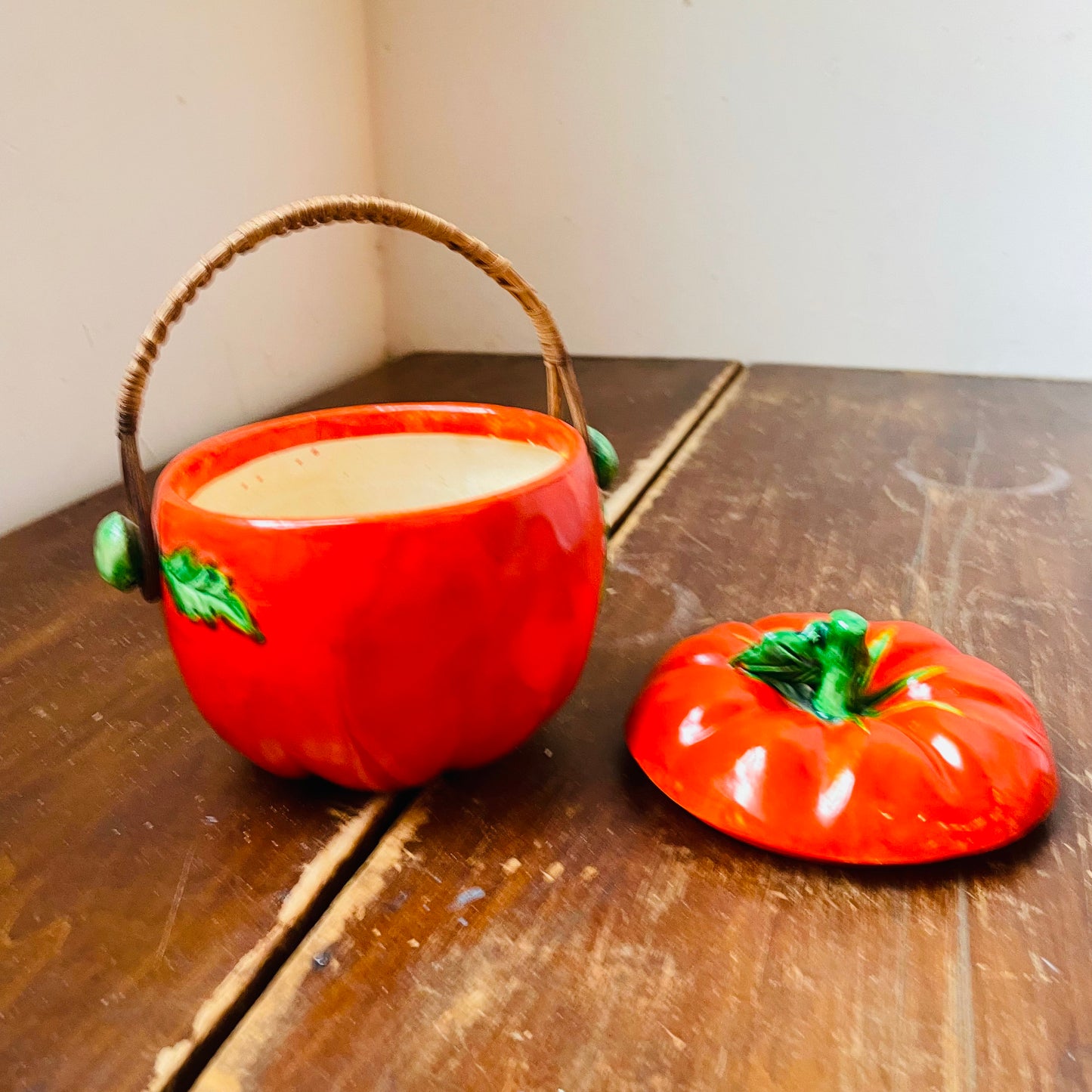 Maruhon Ware Ceramic Tomato Lidded Dish with Wicker Handle- Vintage