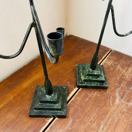 Set of 2 Forged-Iron Green Patina Taper Candelabras
