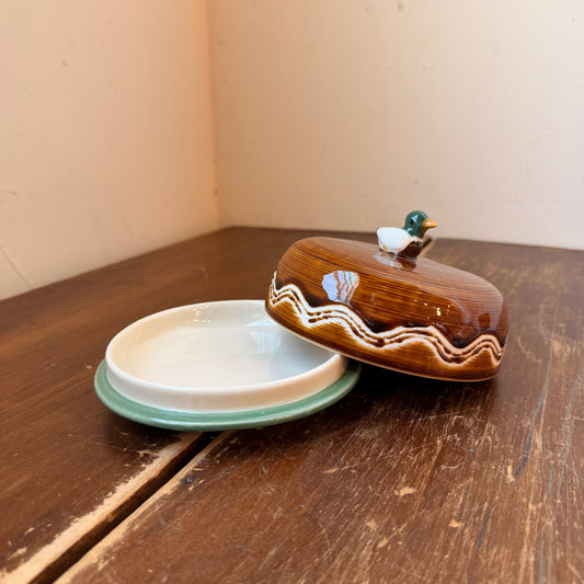 Hand-Painted Stoneware Butter Dish with Lid & Duck Finial