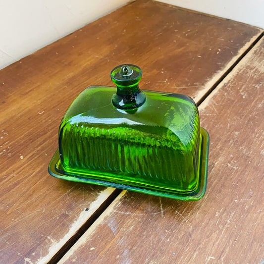 Green Ribbed Press Glass Butter Dish