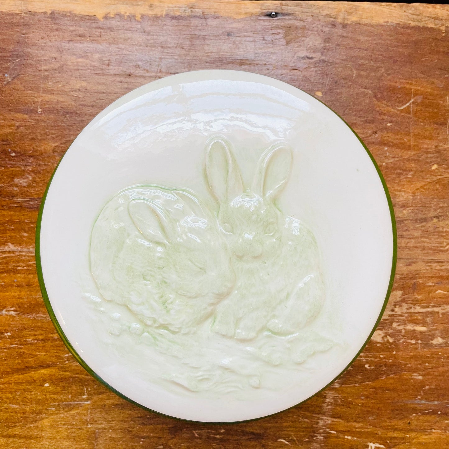 Green Ceramic Lidded Bowl with Embossed Bunnies- Vintage