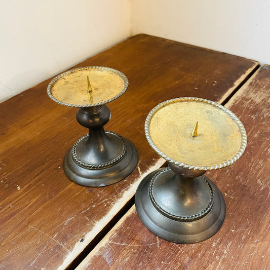Aged Brass Rope Edge Pillar Candle Holder Pair- Vintage