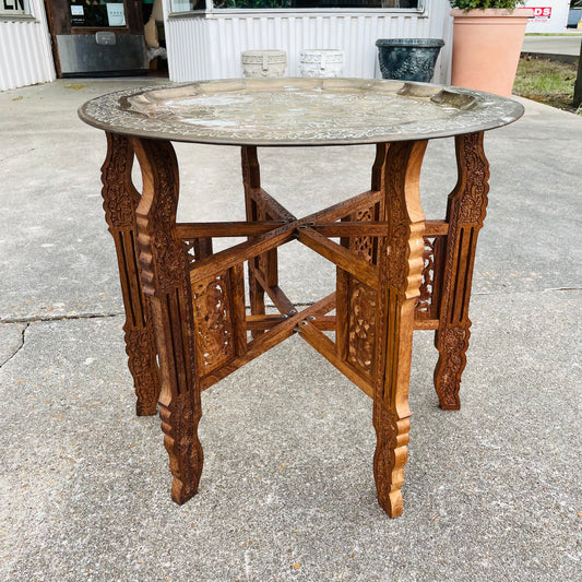 Moroccan Brass & Wood Foldable Side Table- Vintage
