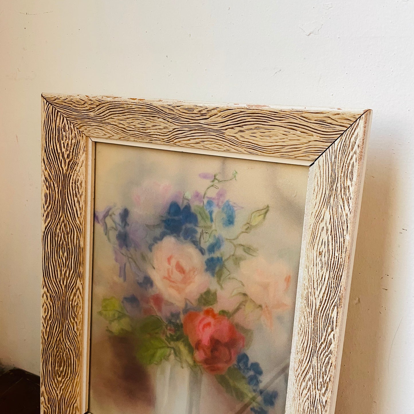 Floral Chalk Pastel Artwork in Faux De Bois Frame- Vintage