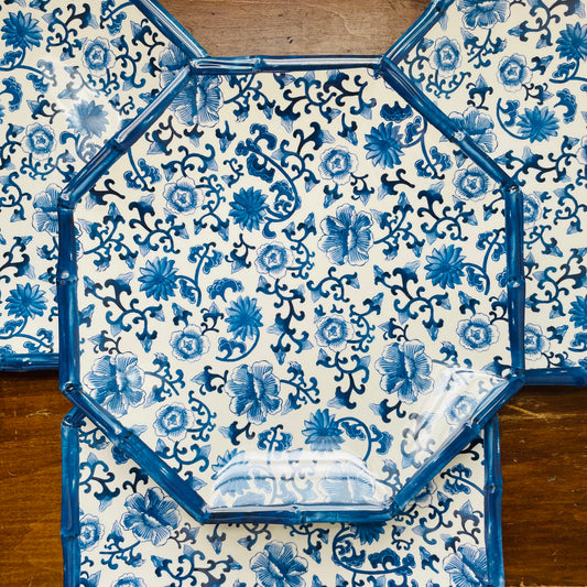 Chinoiserie Octagonal Dinner Plate with Bamboo Rim- Set of 4