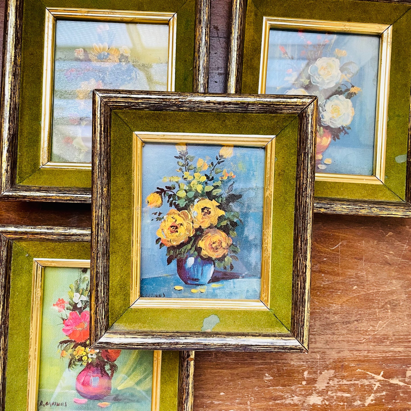 Set of 4 Floral Arrangement Prints in Green Frames- Vintage