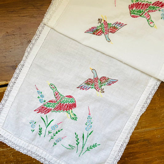 Colorful Embroidered Flying Ducks Dresser Scarf- Vintage