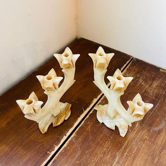 Alabaster Three Tulip Candle Holder Set- Vintage