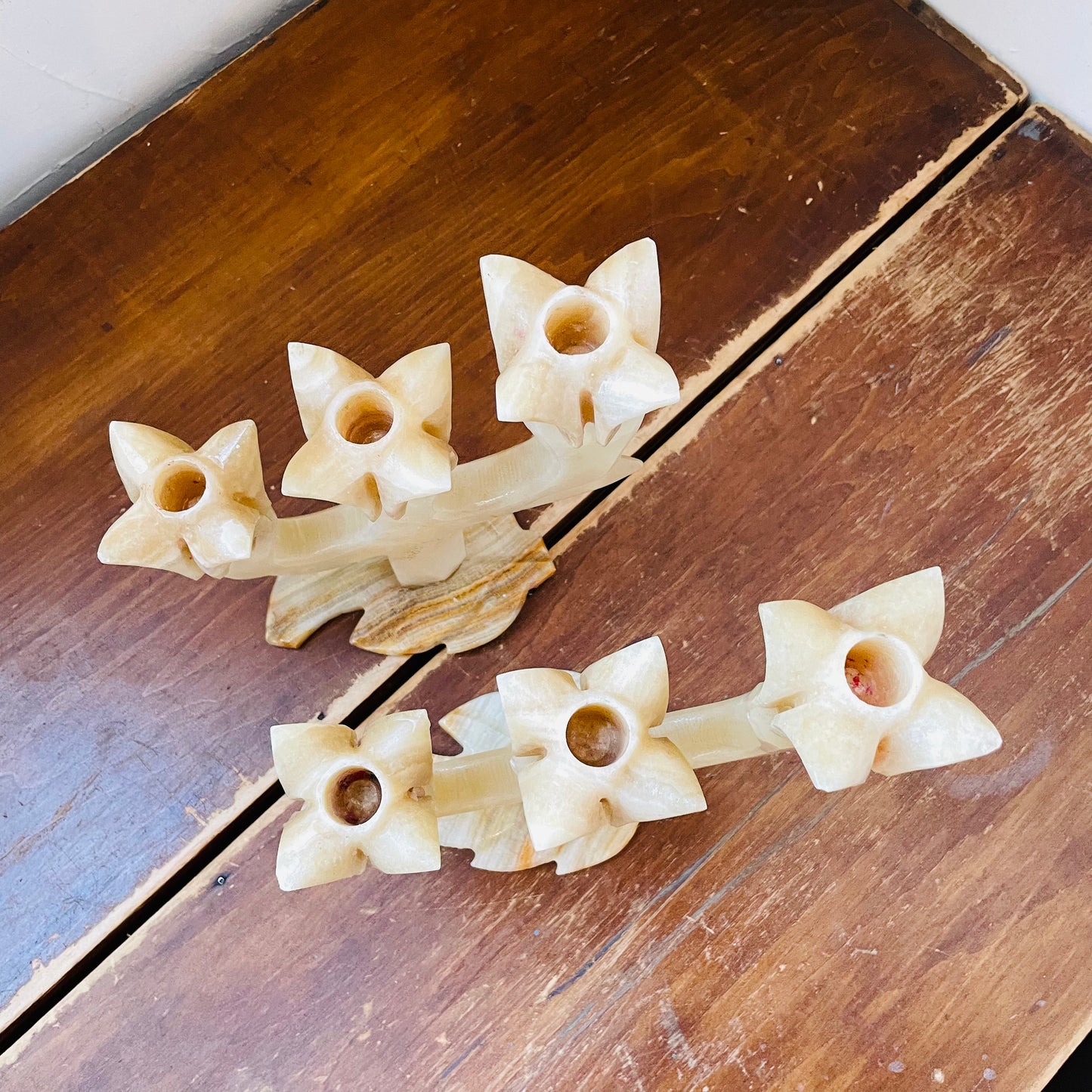 Alabaster Three Tulip Candle Holder Set- Vintage