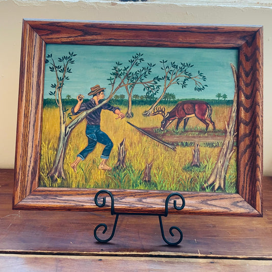 George LR. Brown "Farmer Shooing Away Deer" Original Oil-  Vintage