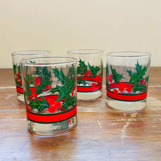 Holly Berry Lowball Glasses- Set of 4- Vintage