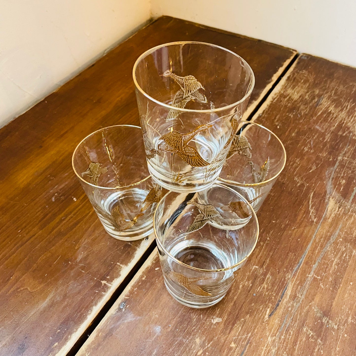 Gold Embossed Flying Mallard Lowball Tumbler Set of 4- Vintage