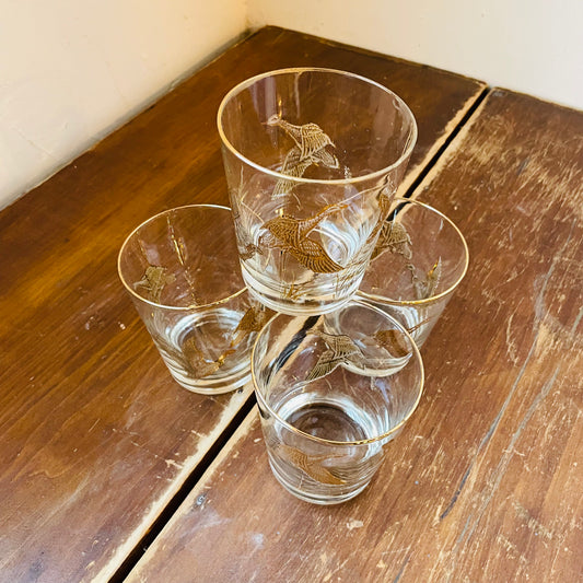 Gold Embossed Flying Mallard Lowball Tumbler Set of 4- Vintage