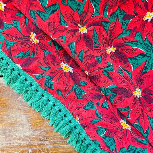 Green Fringe Trim Poinsettia Square Tablecloth- Vintage