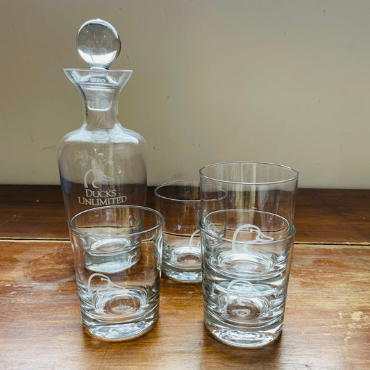 Ducks Unlimited Decanter & Set of 4 Glasses- Vintage