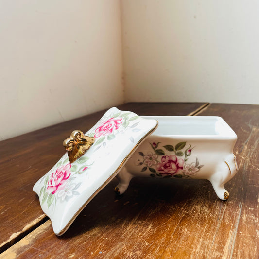 Moss Rose Footed Trinket Box- Vintage